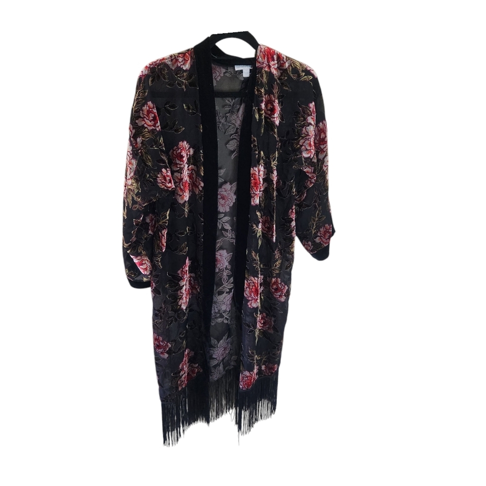 New York And Company Floral Kimono with Fringe.